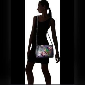 Anuschka Women's Hand Painted Medium  Bird On Branch Pruple Crossbody Purse
